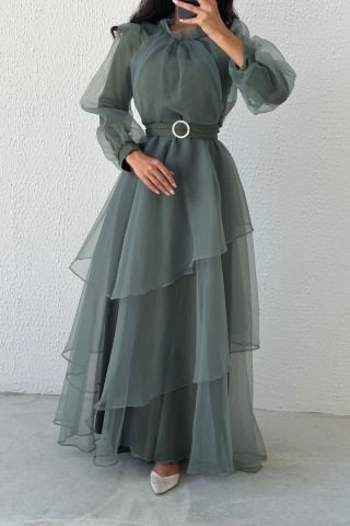 Tül Kat Kat Tesettür Abiye Mint Yeşili