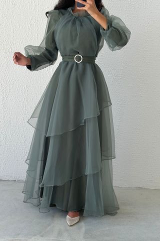 Tül Kat Kat Tesettür Abiye Mint Yeşili