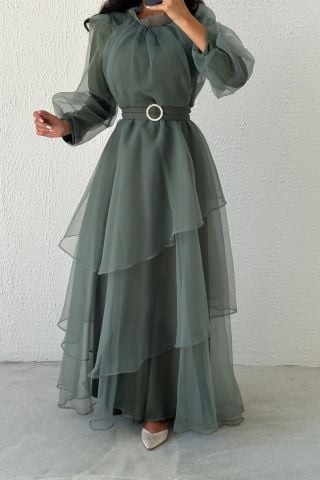 Tül Kat Kat Tesettür Abiye Mint Yeşili