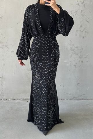 Modern Tasarım Şifon Tesettür Abiye Siyah