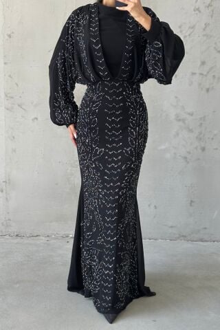 Modern Tasarım Şifon Tesettür Abiye Siyah