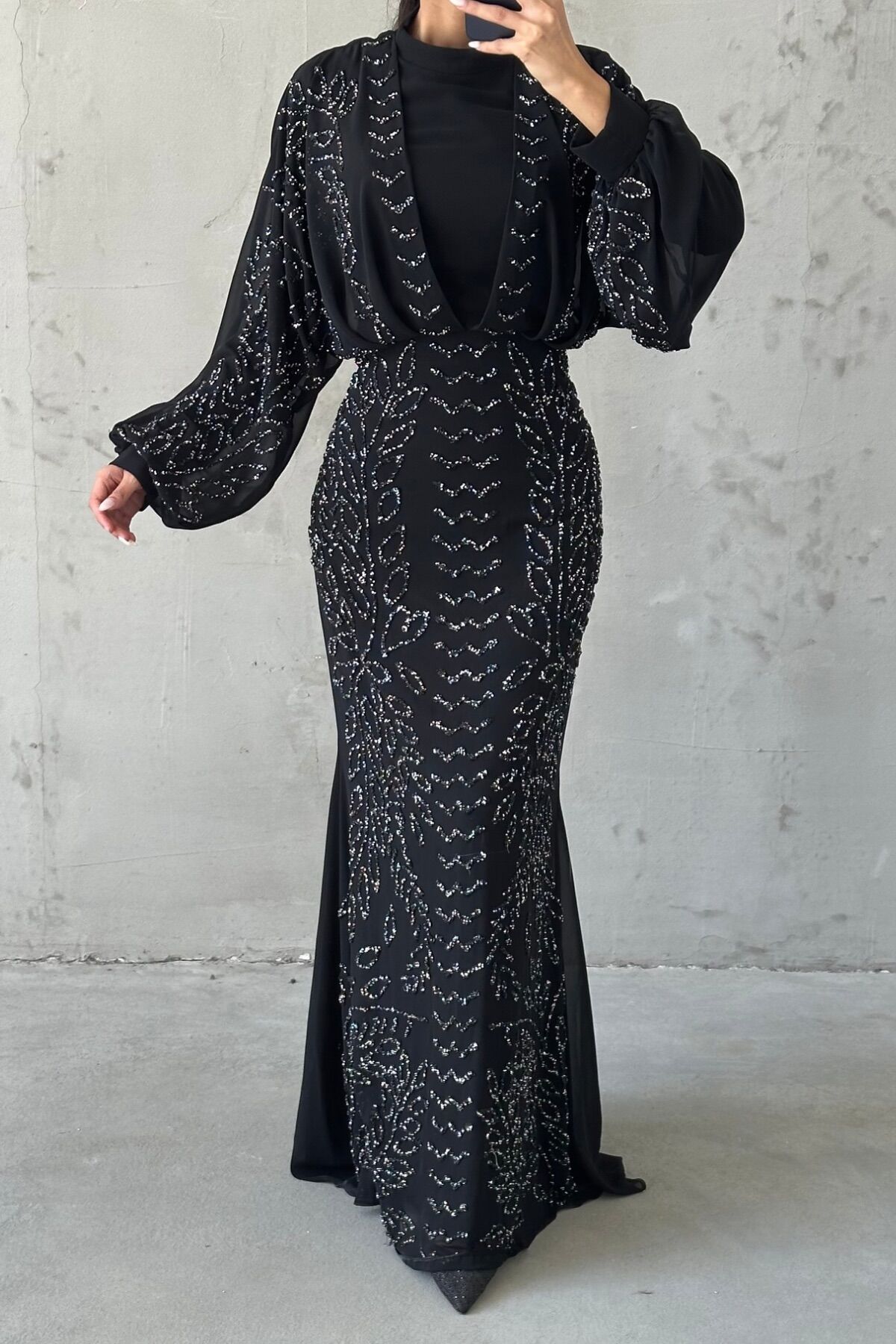 Modern Tasarım Şifon Tesettür Abiye Siyah