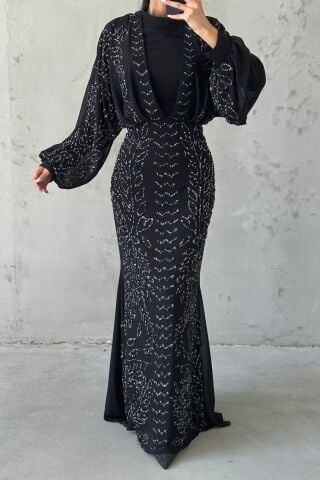 Modern Tasarım Şifon Tesettür Abiye Siyah