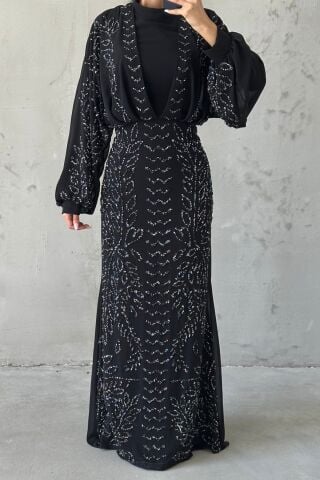 Modern Tasarım Şifon Tesettür Abiye Siyah