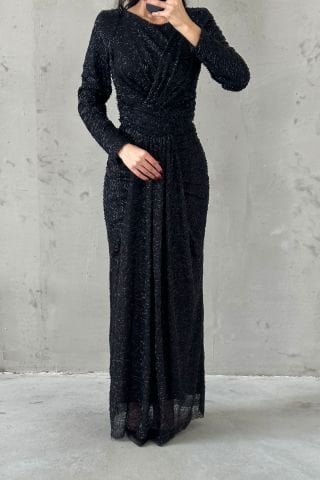 Modern Design Pleated Hijab Evening Dress Black