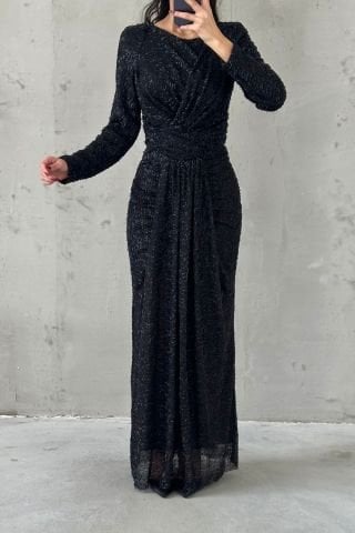 Modern Design Pleated Hijab Evening Dress Black