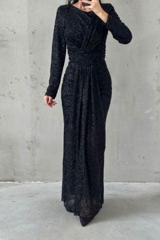 Modern Design Pleated Hijab Evening Dress Black