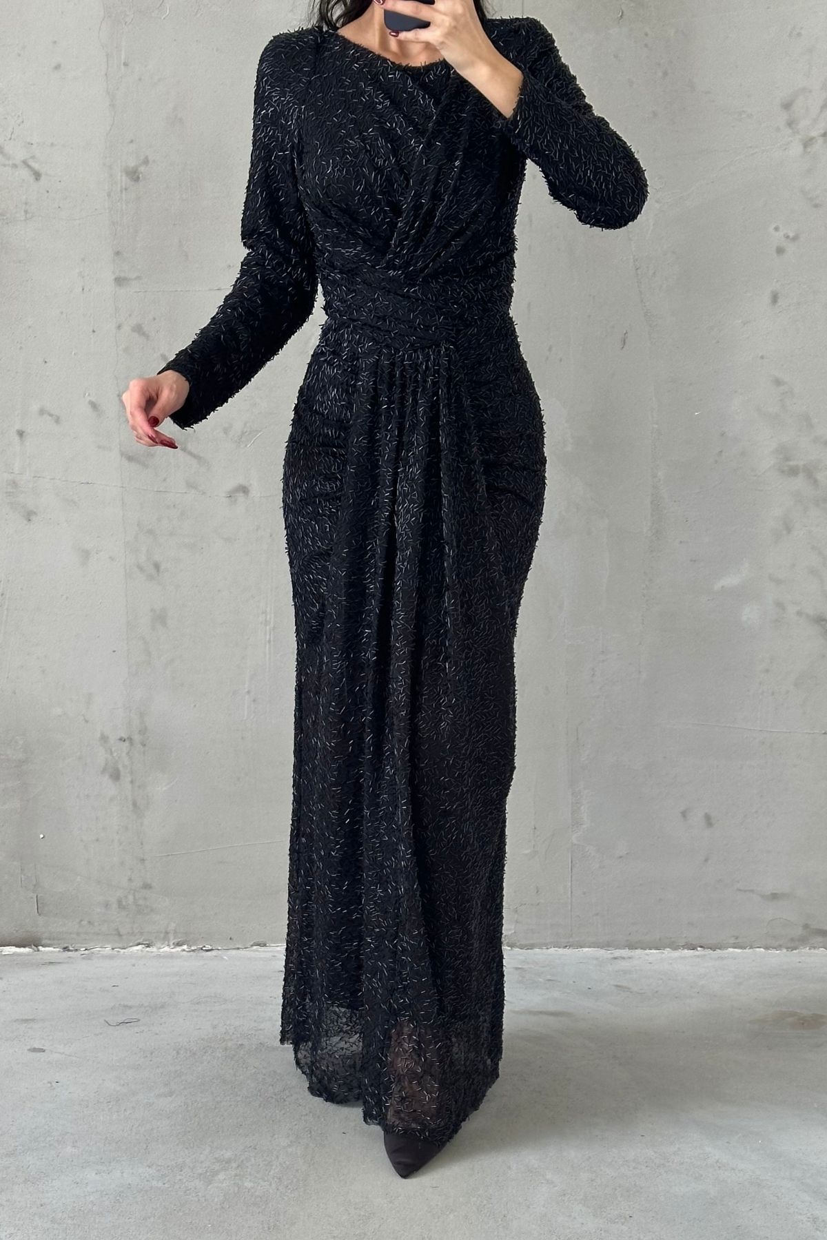 Modern Design Pleated Hijab Evening Dress Black