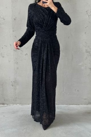 Modern Design Pleated Hijab Evening Dress Black