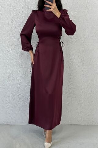 Satin Hijab Evening Dress with Waist Tie Detail, Plum