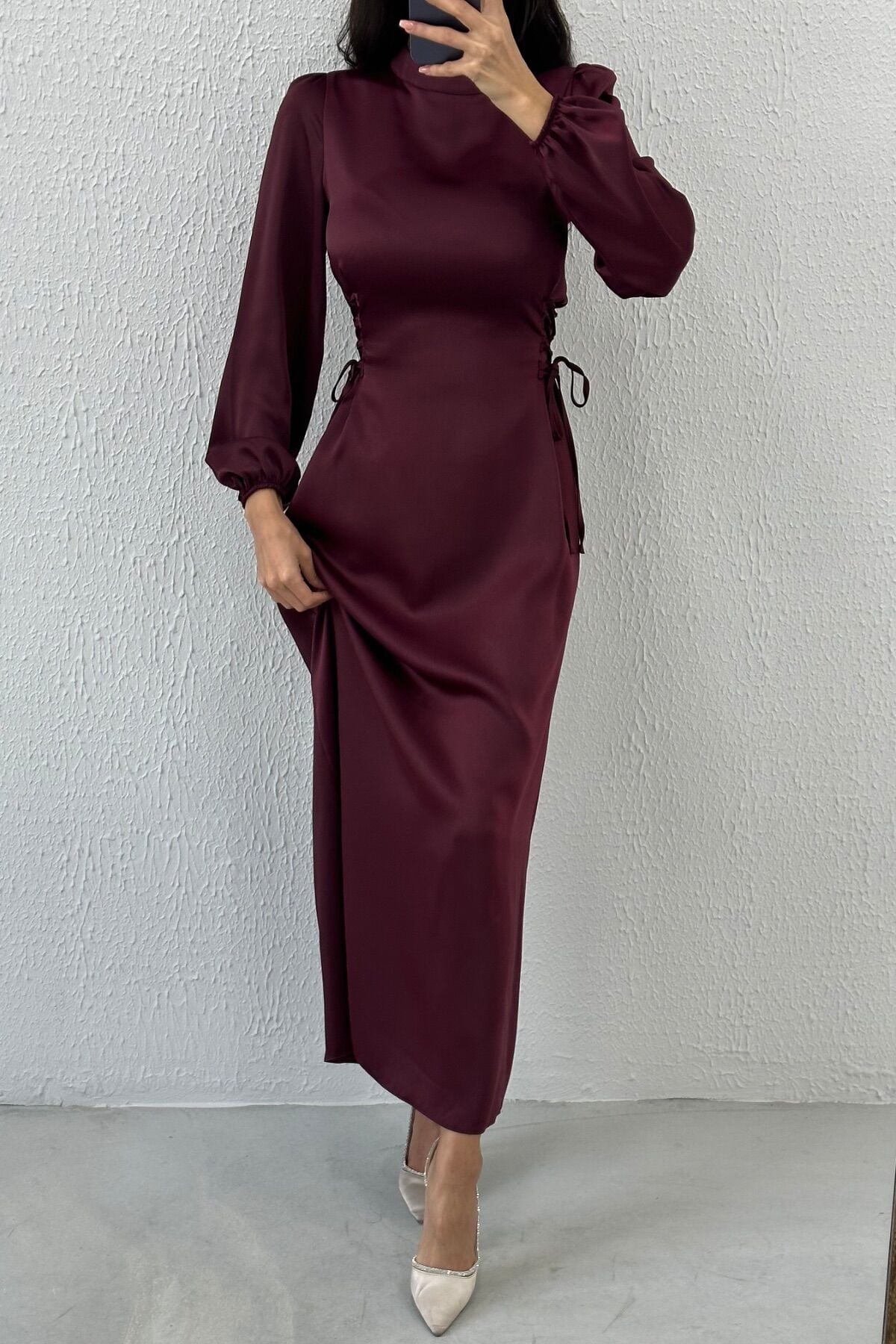 Satin Hijab Evening Dress with Waist Tie Detail, Plum