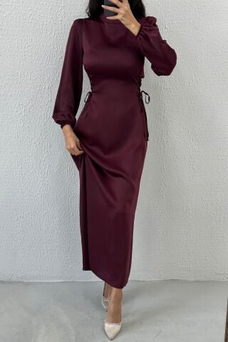 Satin Hijab Evening Dress with Waist Tie Detail, Plum