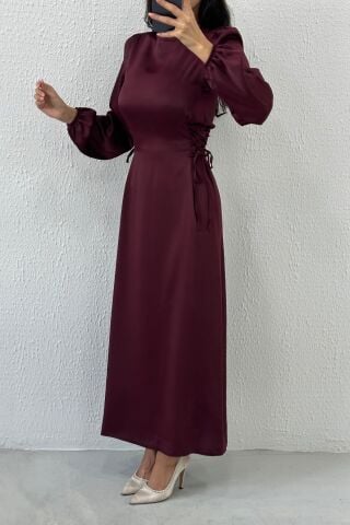 Belden Bağlama Detaylı Saten Tesettür Abiye Mürdüm