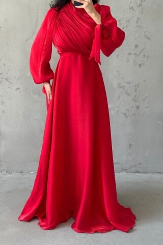 Draped Belt Detailed Janjan Fabric Hijab Evening Dress Red