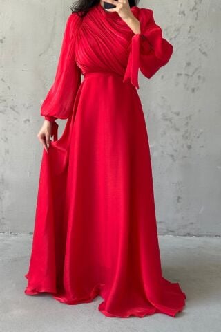 Draped Belt Detailed Janjan Fabric Hijab Evening Dress Red