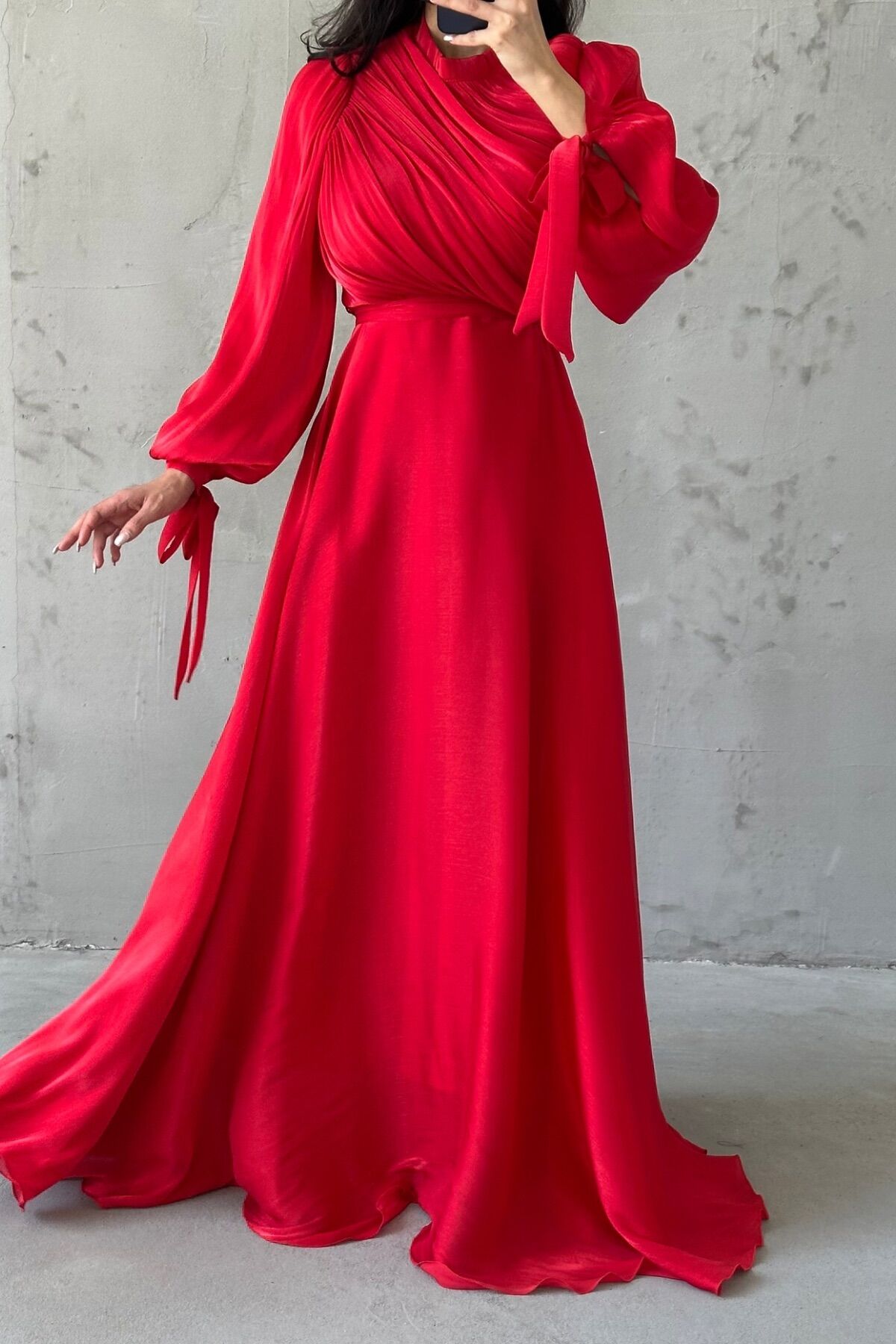 Draped Belt Detailed Janjan Fabric Hijab Evening Dress Red