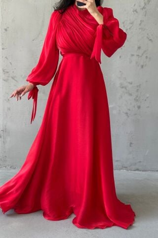 Draped Belt Detailed Janjan Fabric Hijab Evening Dress Red