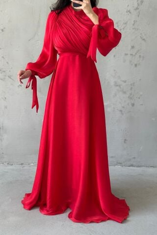 Drapeli Kuşak Detaylı Janjan Kumaş Tesettür Abiye Kırmızı