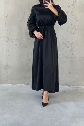 Embroidered Detailed Belted Satin Hijab Evening Dress Black