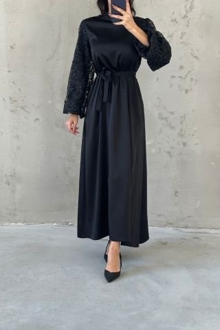 Embroidered Detailed Belted Satin Hijab Evening Dress Black