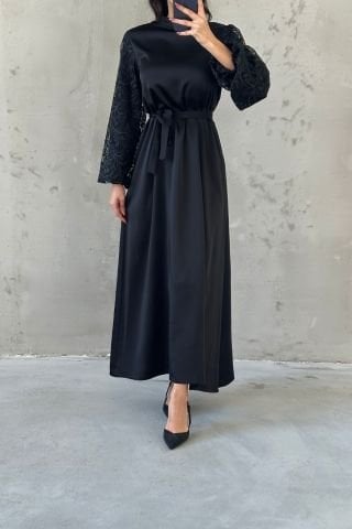 Embroidered Detailed Belted Satin Hijab Evening Dress Black