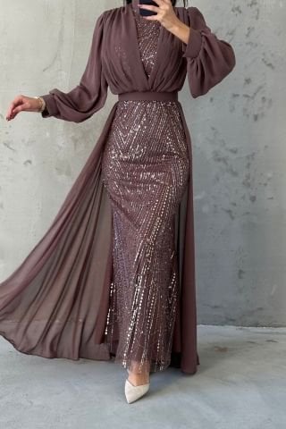 Cape Balloon Sleeve Chiffon Hijab Evening Dress Mink