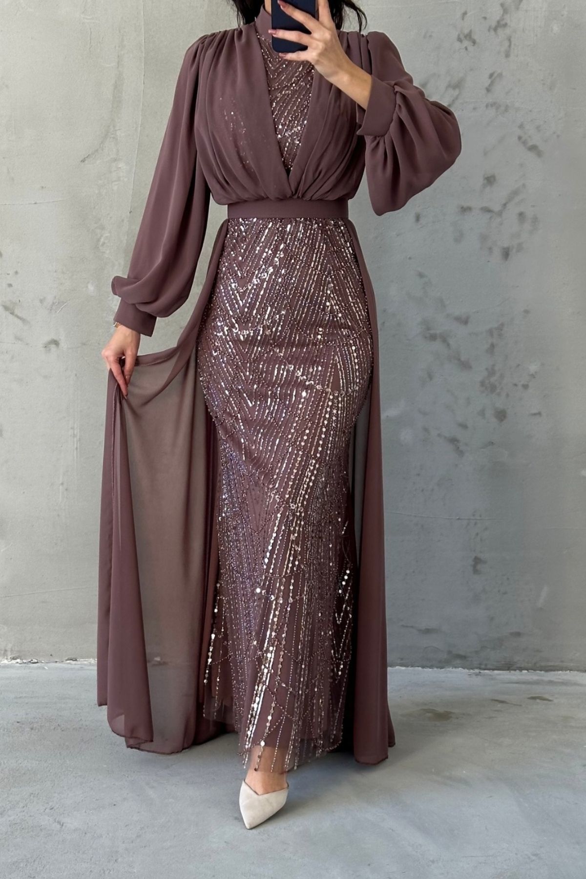 Cape Balloon Sleeve Chiffon Hijab Evening Dress Mink
