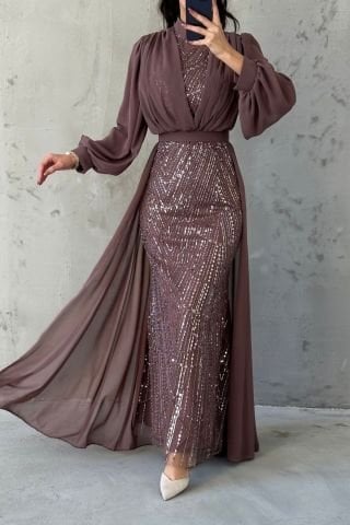 Cape Balloon Sleeve Chiffon Hijab Evening Dress Mink