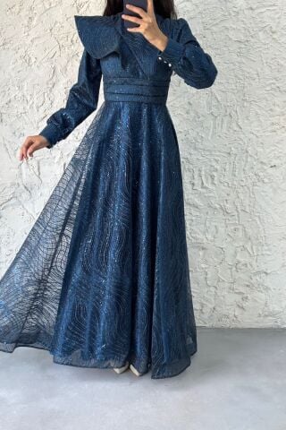 Shoulder Detailed Glittered Hijab Evening Dress Navy Blue