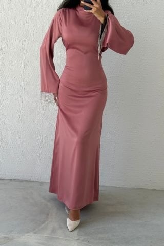 Satin Pearl: Flounce Sleeve Chain Detailed Modest Evening Dress Powder