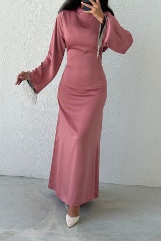 Satin Pearl: Flounce Sleeve Chain Detailed Modest Evening Dress Powder