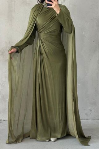 Khaki Hijab Evening Dress with Cape Sleeves and Stoned Collar