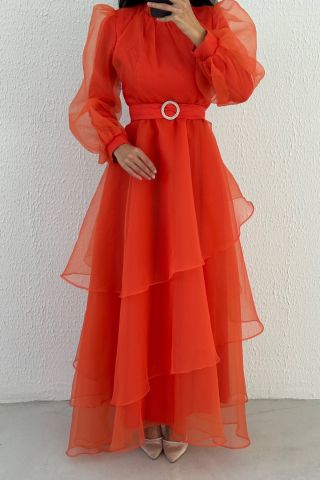 فستان سهرة للحجاب بطبقات من التول برتقالي