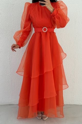 فستان سهرة للحجاب بطبقات من التول برتقالي