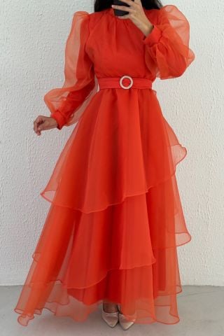 Tulle Layered Hijab Evening Dress Orange