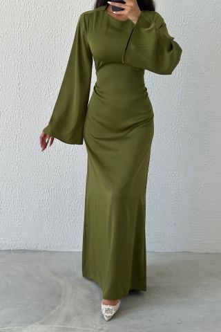 Basic Satin Hijab Evening Dress with Back Tie Detail, Oil Green