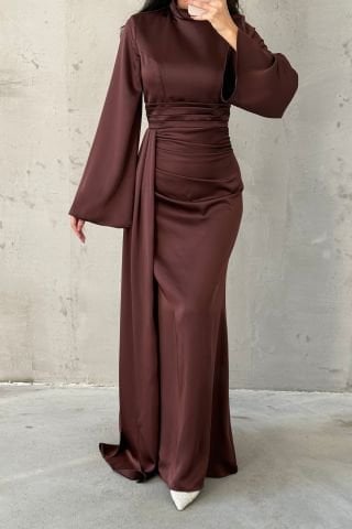 Tail Detailed Satin Hijab Evening Dress Brown