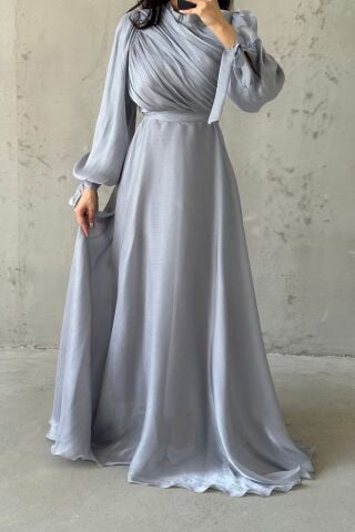 Draped Belt Detailed Janjan Fabric Hijab Evening Dress Gray