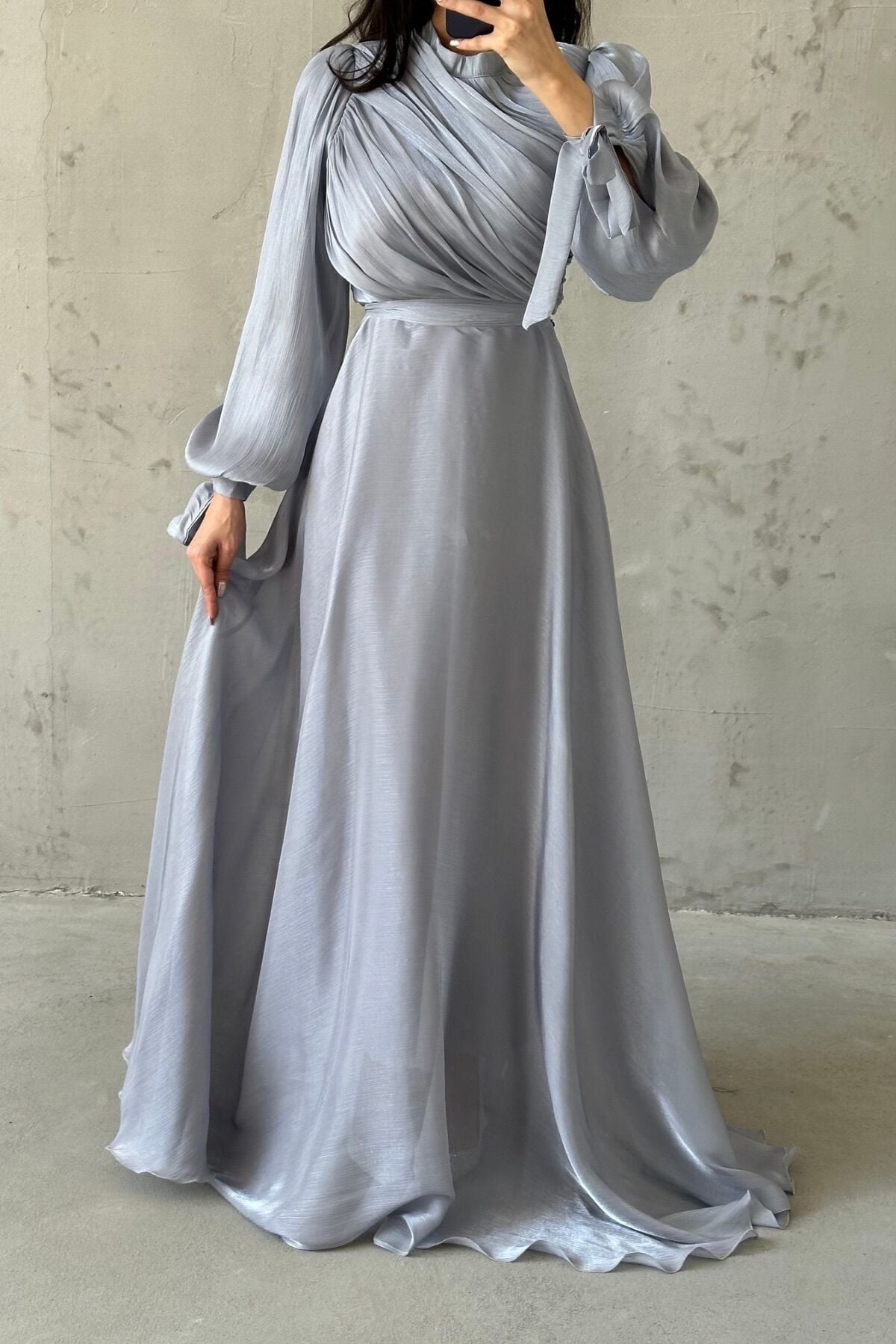 Draped Belt Detailed Janjan Fabric Hijab Evening Dress Gray