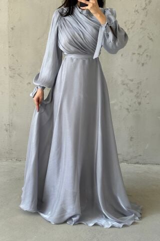 Draped Belt Detailed Janjan Fabric Hijab Evening Dress Gray