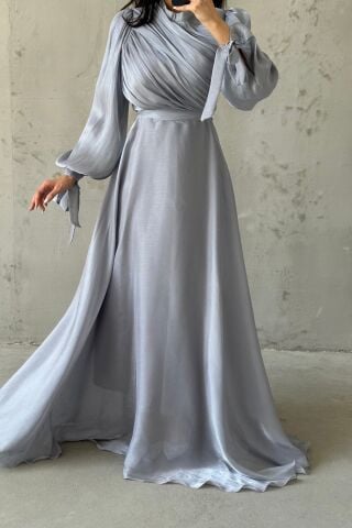 Draped Belt Detailed Janjan Fabric Hijab Evening Dress Gray