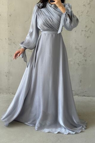 Draped Belt Detailed Janjan Fabric Hijab Evening Dress Gray