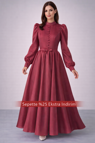 Şık Düğme Detaylı İnce Kemerli Organze Tesettür Abiye Bordo