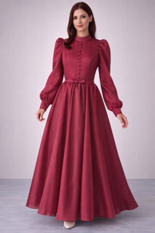 Şık Düğme Detaylı İnce Kemerli Organze Tesettür Abiye Bordo