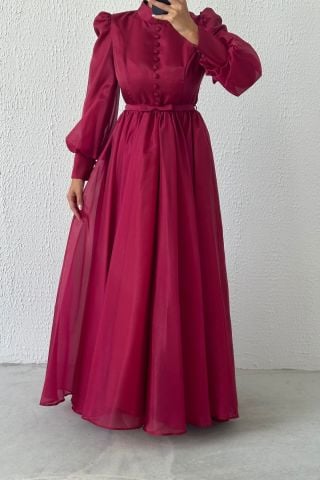 Şık Düğme Detaylı İnce Kemerli Organze Tesettür Abiye Bordo