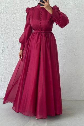 Şık Düğme Detaylı İnce Kemerli Organze Tesettür Abiye Bordo