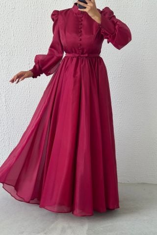 Şık Düğme Detaylı İnce Kemerli Organze Tesettür Abiye Bordo