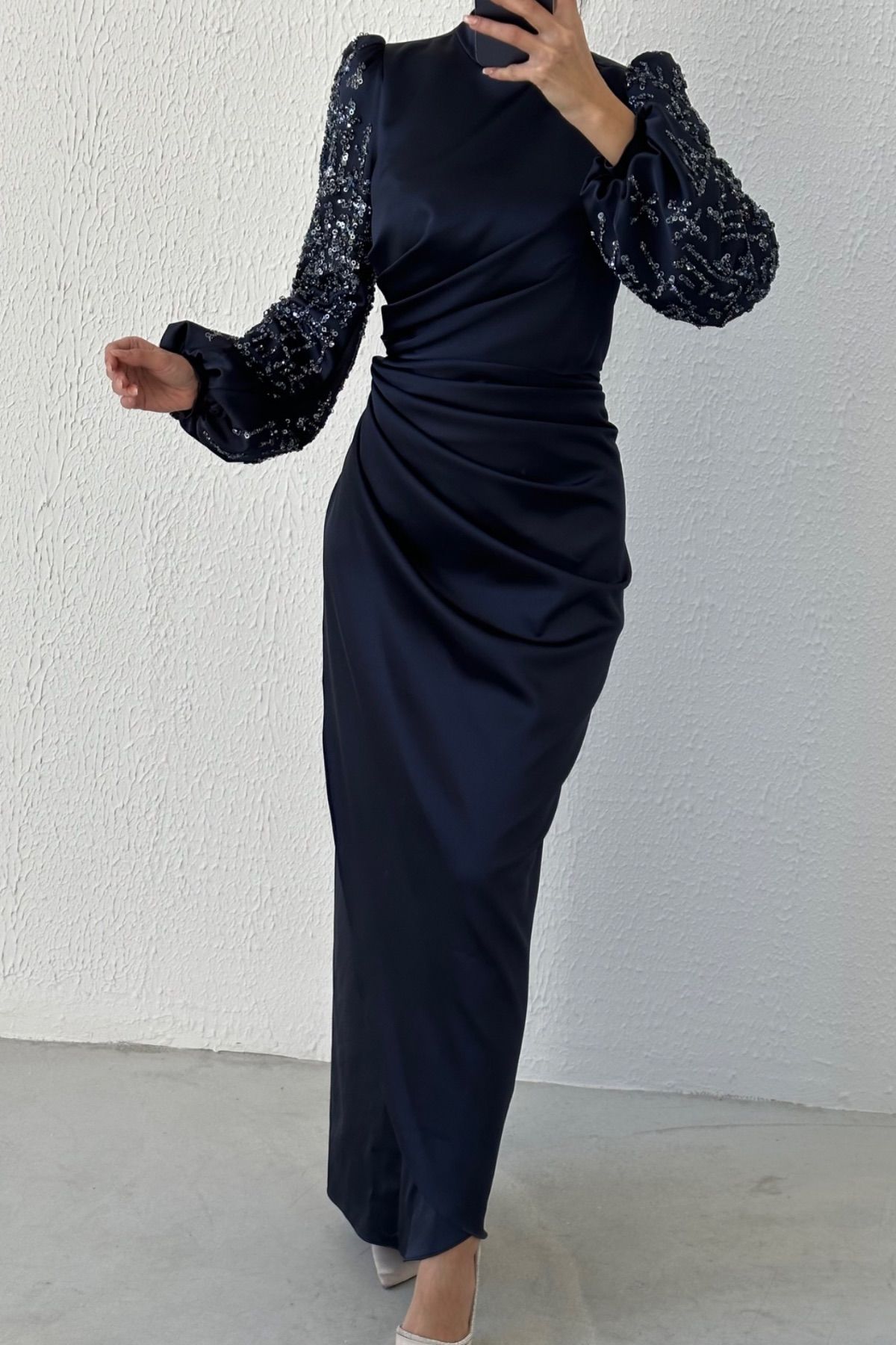 Modern Design Satin Hijab Evening Dress Navy Blue with Gathering Detail at the Waist