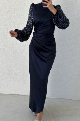 Modern Design Satin Hijab Evening Dress Navy Blue with Gathering Detail at the Waist