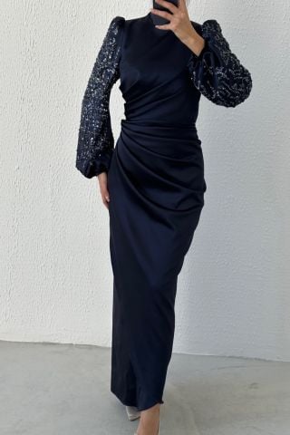 Modern Design Satin Hijab Evening Dress Navy Blue with Gathering Detail at the Waist